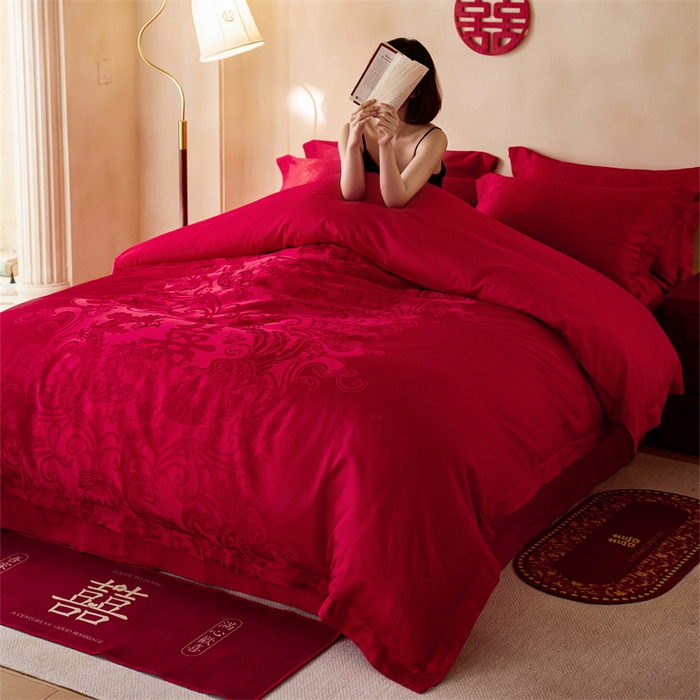 91家纺网 家纺一手货源 找家纺 （总）宏羽纺家纺 2025新款小红书热卖款仿丝棉提花时尚婚庆系列四件套多件套