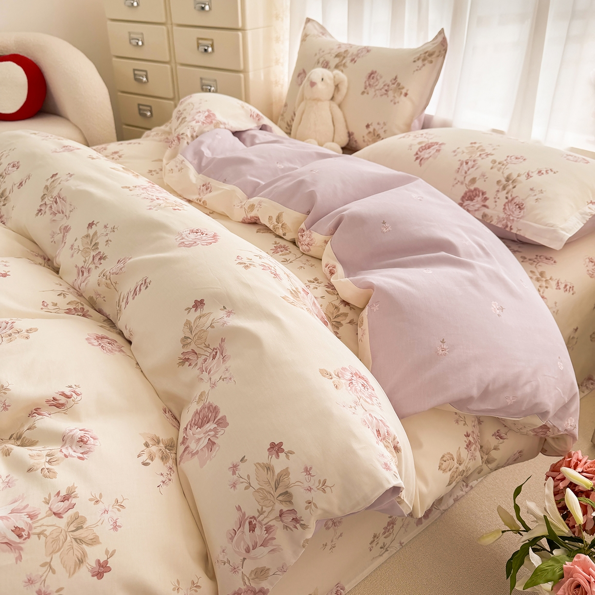 91家纺网 家纺一手货源 找家纺 壹贝家纺 2026新款小清新纯棉印花四件套系列 蔷薇