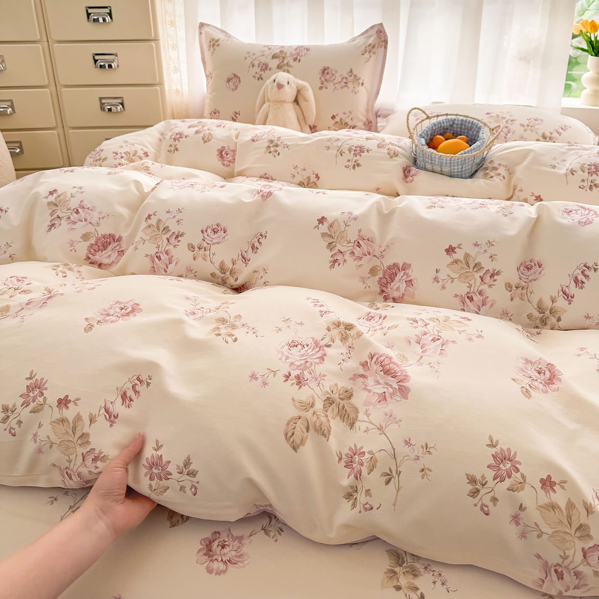 91家纺网 家纺一手货源 找家纺 壹贝家纺 2026新款小清新纯棉印花四件套系列 蔷薇