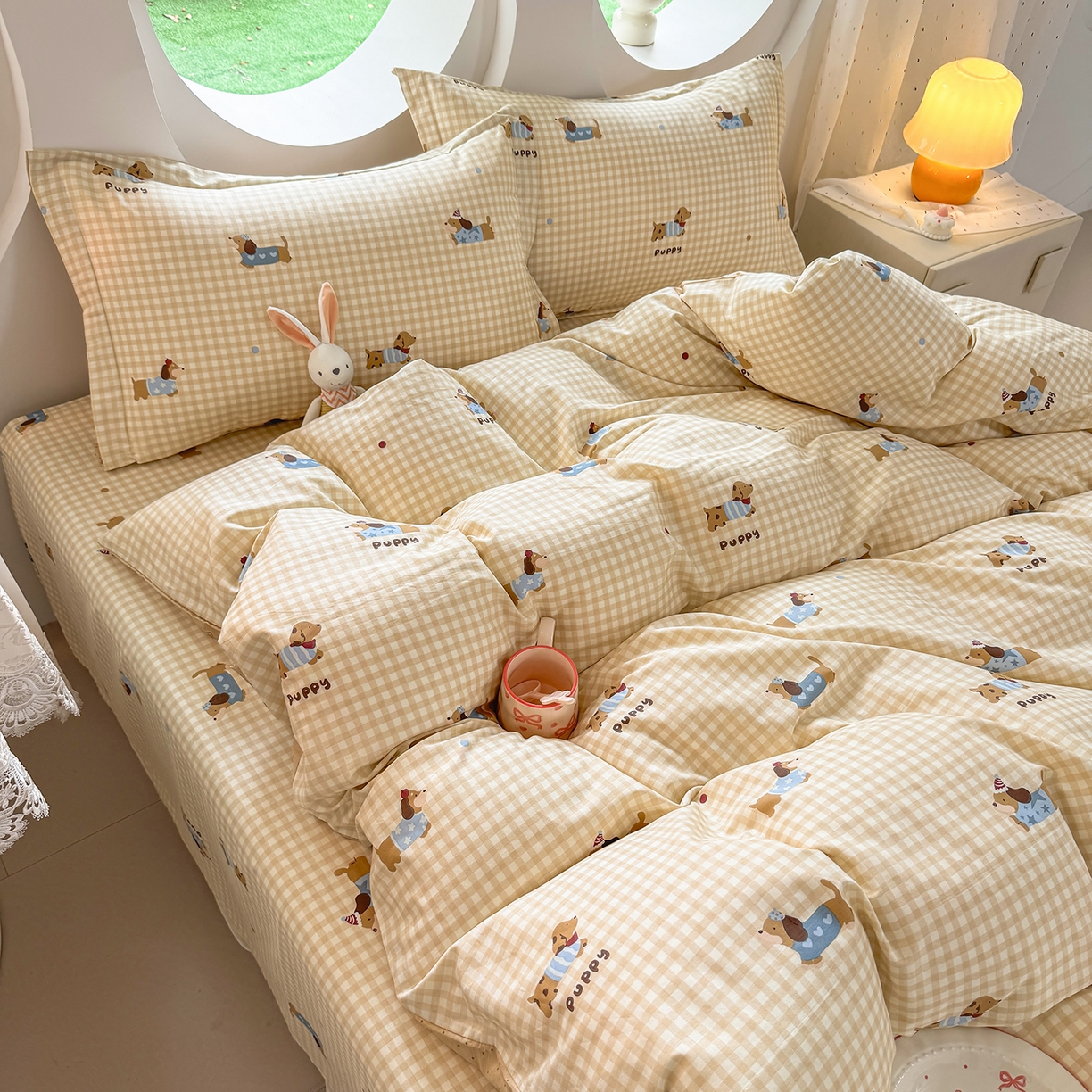 91家纺网 家纺一手货源 找家纺 壹贝家纺 2026新款小清新纯棉印花四件套系列 俏皮狗