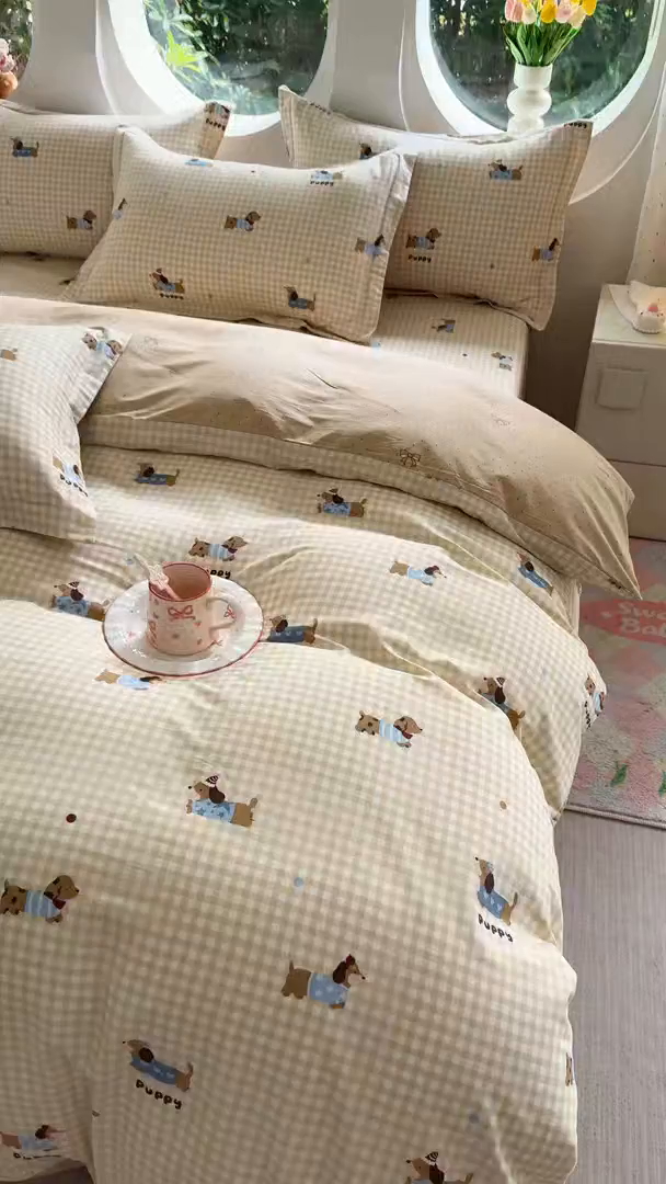 91家纺网 家纺一手货源 找家纺 壹贝家纺 2026新款小清新纯棉印花四件套系列 俏皮狗