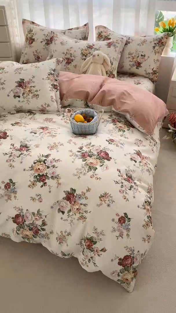 91家纺网 家纺一手货源 找家纺 壹贝家纺 2026新款小清新纯棉印花四件套系列 倾城之恋