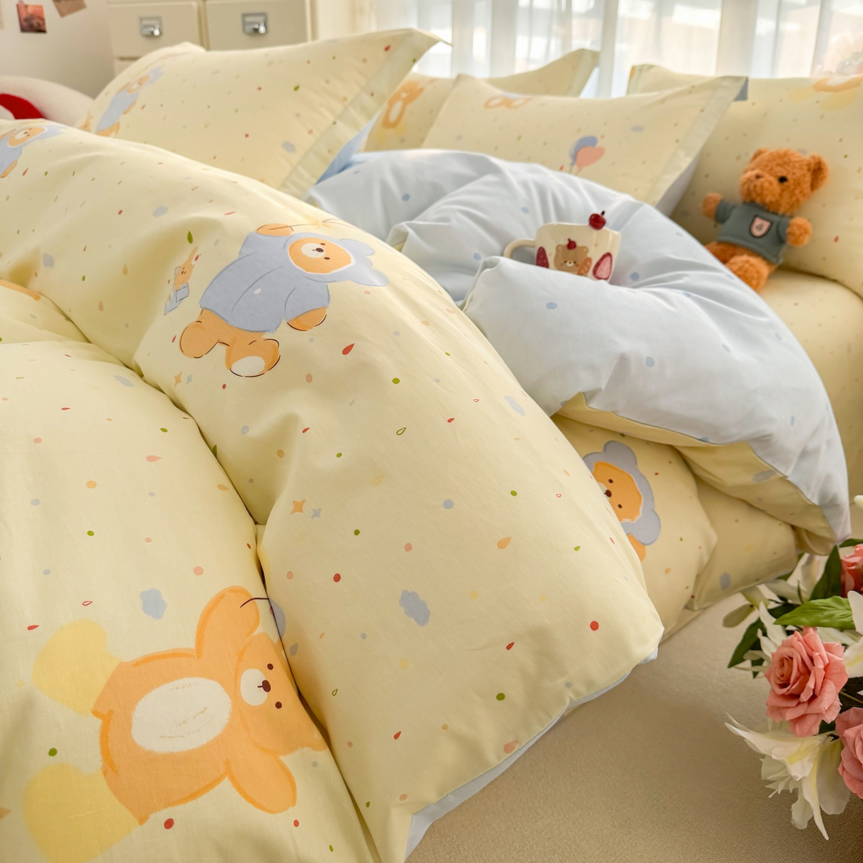 壹贝家纺 2026新款小清新纯棉印花四件套系列 软萌小熊