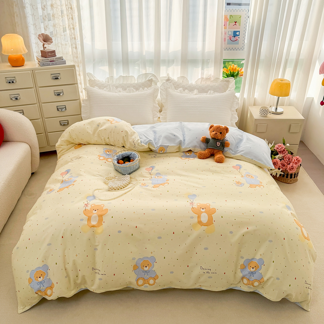 91家纺网 家纺一手货源 找家纺 壹贝家纺 2026新款小清新纯棉印花四件套系列 软萌小熊