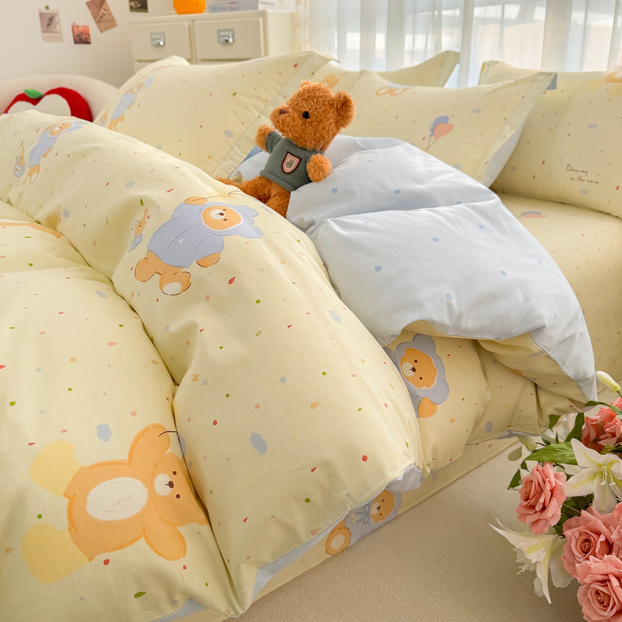 91家纺网 家纺一手货源 找家纺 壹贝家纺 2026新款小清新纯棉印花四件套系列 软萌小熊