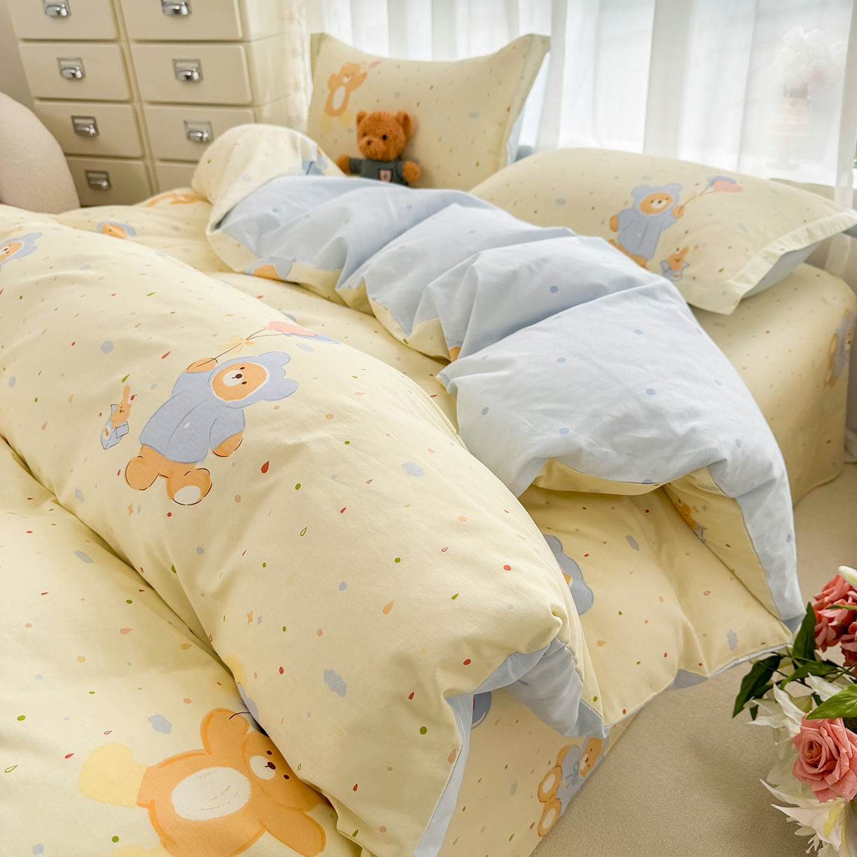 91家纺网 家纺一手货源 找家纺 壹贝家纺 2026新款小清新纯棉印花四件套系列 软萌小熊