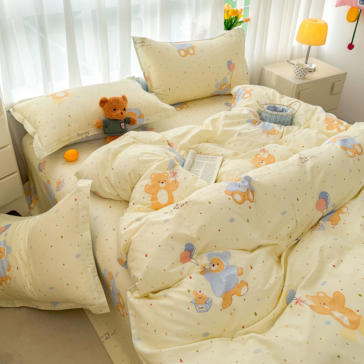 91家纺网 家纺一手货源 找家纺 壹贝家纺 2026新款小清新纯棉印花四件套系列 软萌小熊