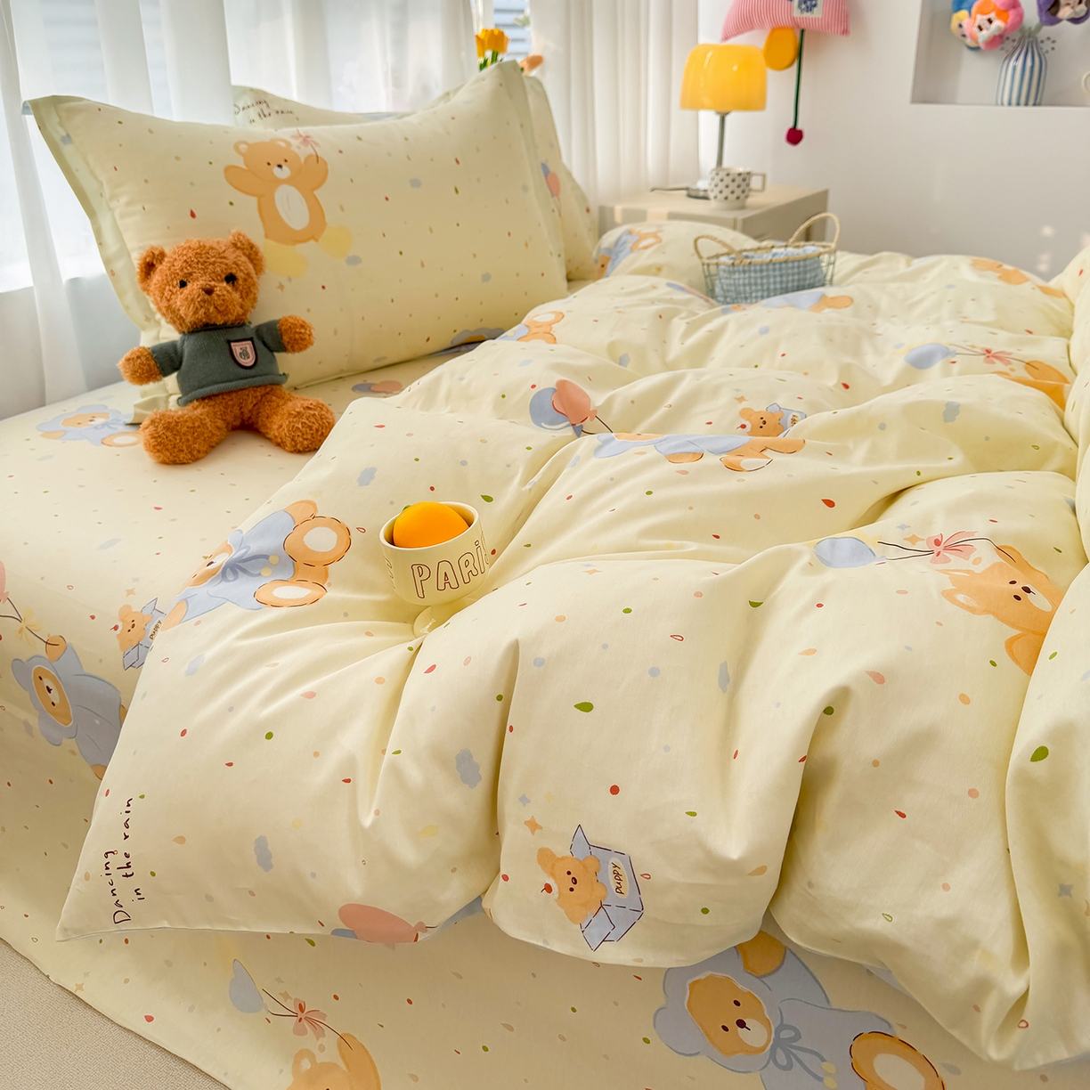 91家纺网 家纺一手货源 找家纺 壹贝家纺 2026新款小清新纯棉印花四件套系列 软萌小熊