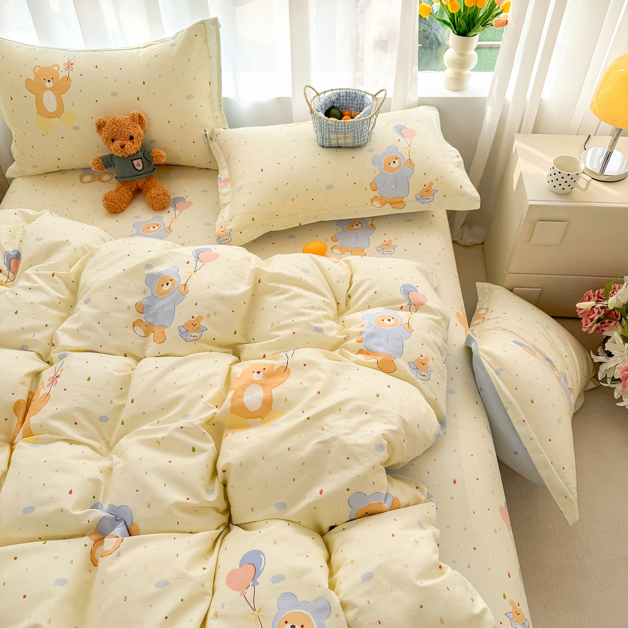 91家纺网 家纺一手货源 找家纺 壹贝家纺 2026新款小清新纯棉印花四件套系列 软萌小熊