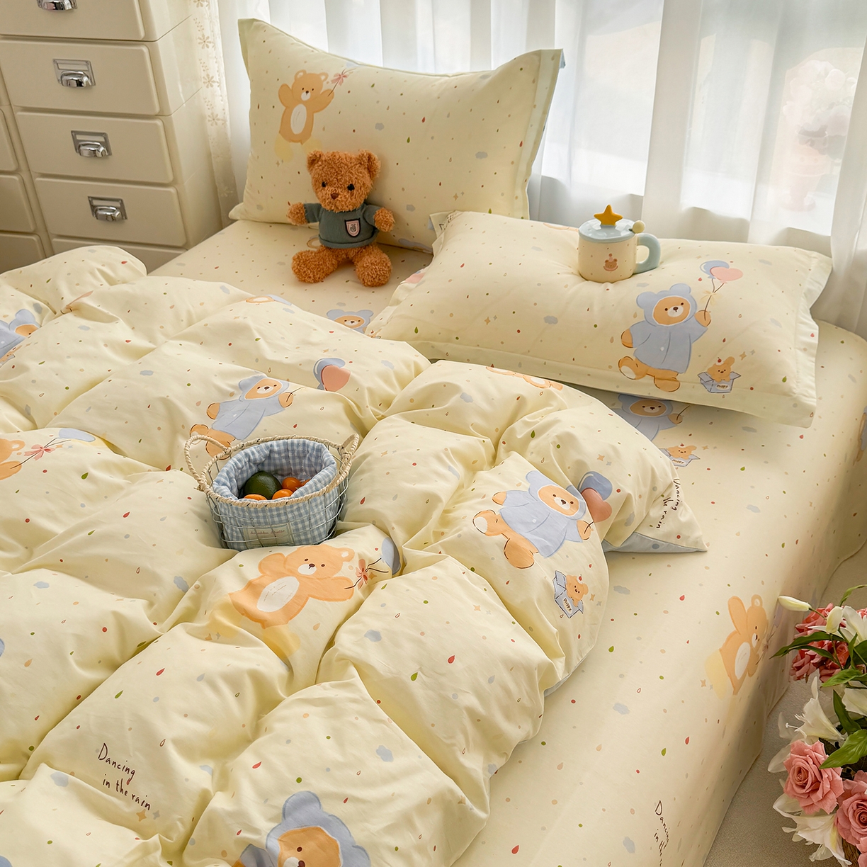 91家纺网 家纺一手货源 找家纺 壹贝家纺 2026新款小清新纯棉印花四件套系列 软萌小熊