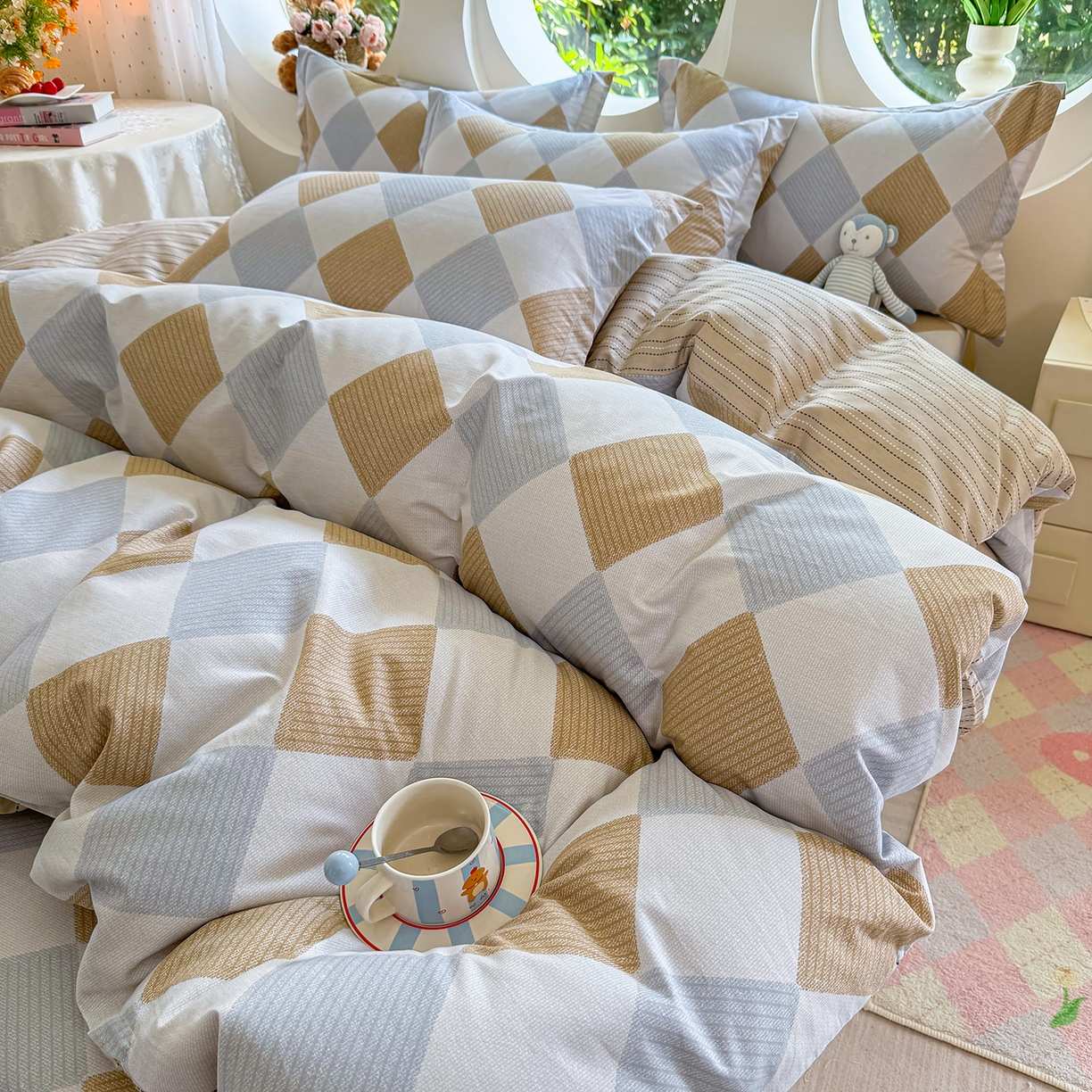 91家纺网 家纺一手货源 找家纺 壹贝家纺 2026新款小清新纯棉印花四件套系列 瑞吉斯-黄