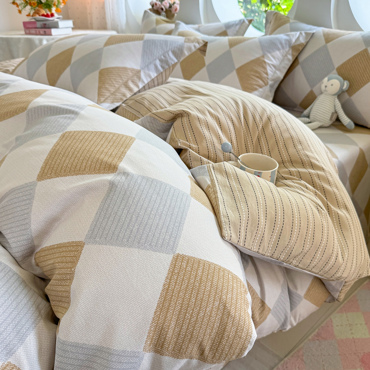 91家纺网 家纺一手货源 找家纺 壹贝家纺 2026新款小清新纯棉印花四件套系列 瑞吉斯-黄