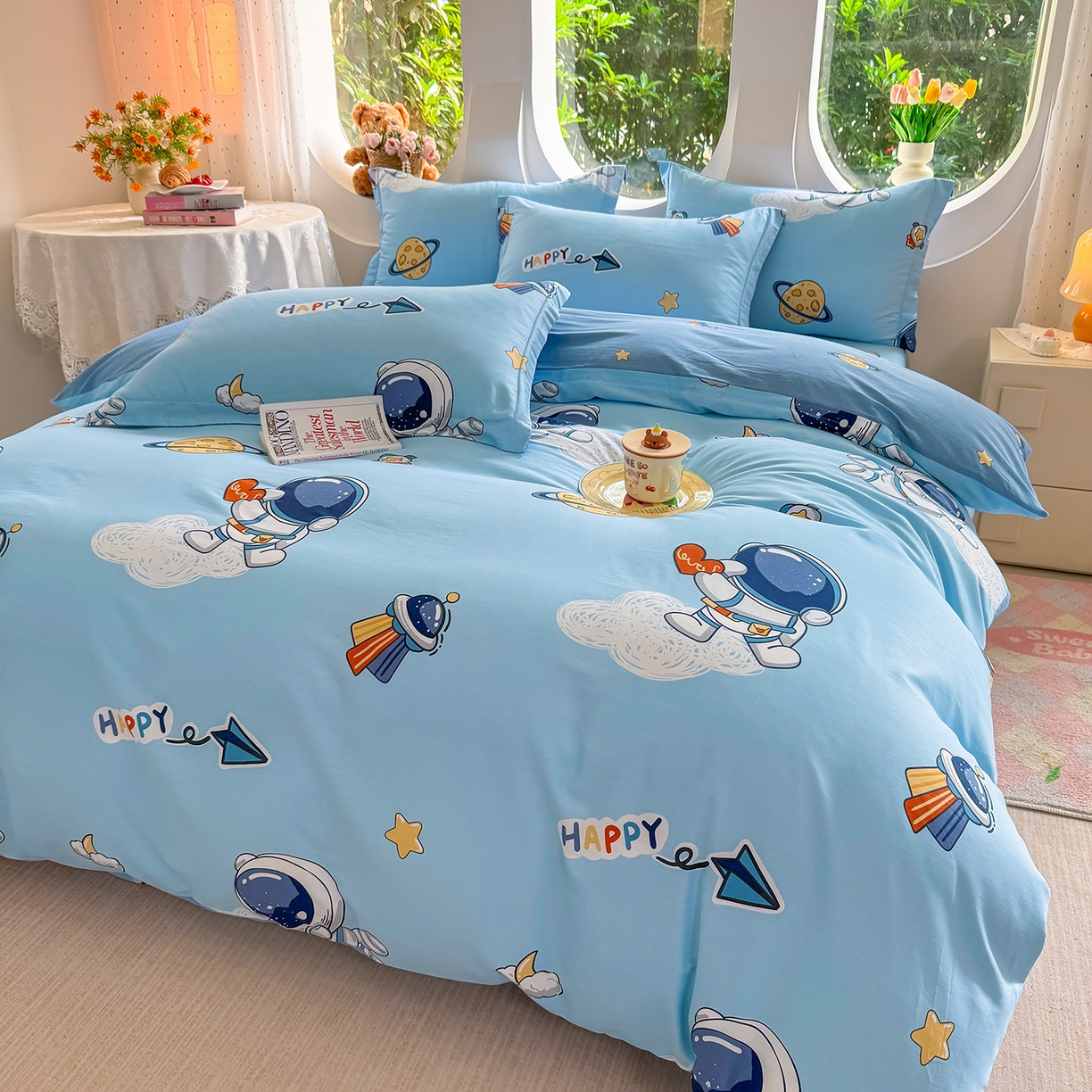 91家纺网 家纺一手货源 找家纺 壹贝家纺 2026新款小清新纯棉印花四件套系列 太空奇遇