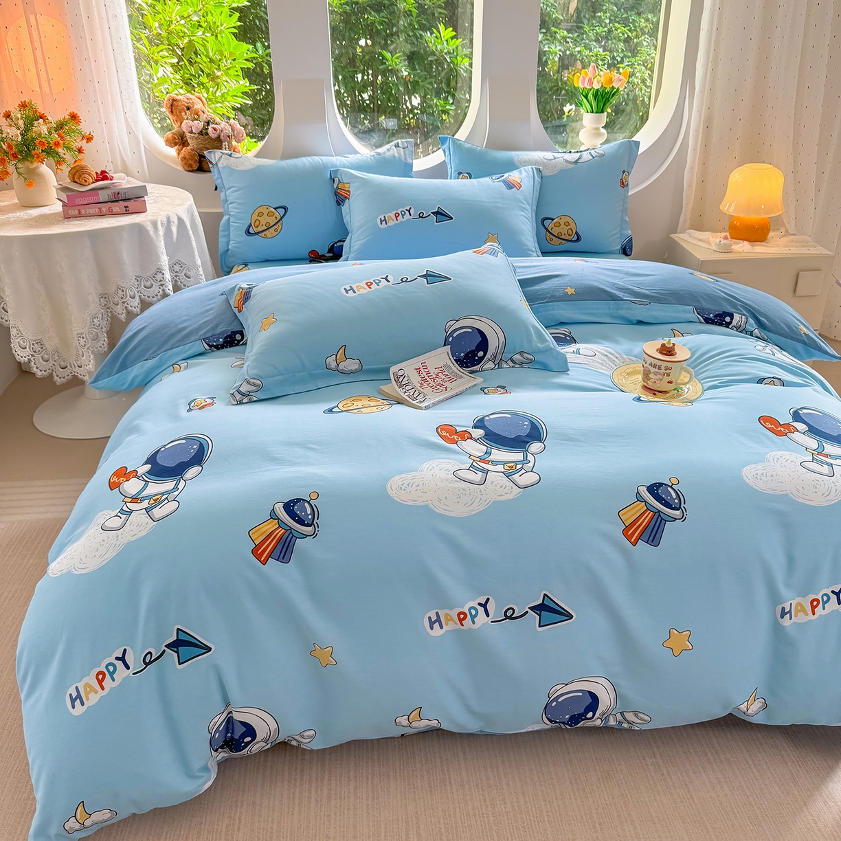 91家纺网 家纺一手货源 找家纺 壹贝家纺 2026新款小清新纯棉印花四件套系列 太空奇遇