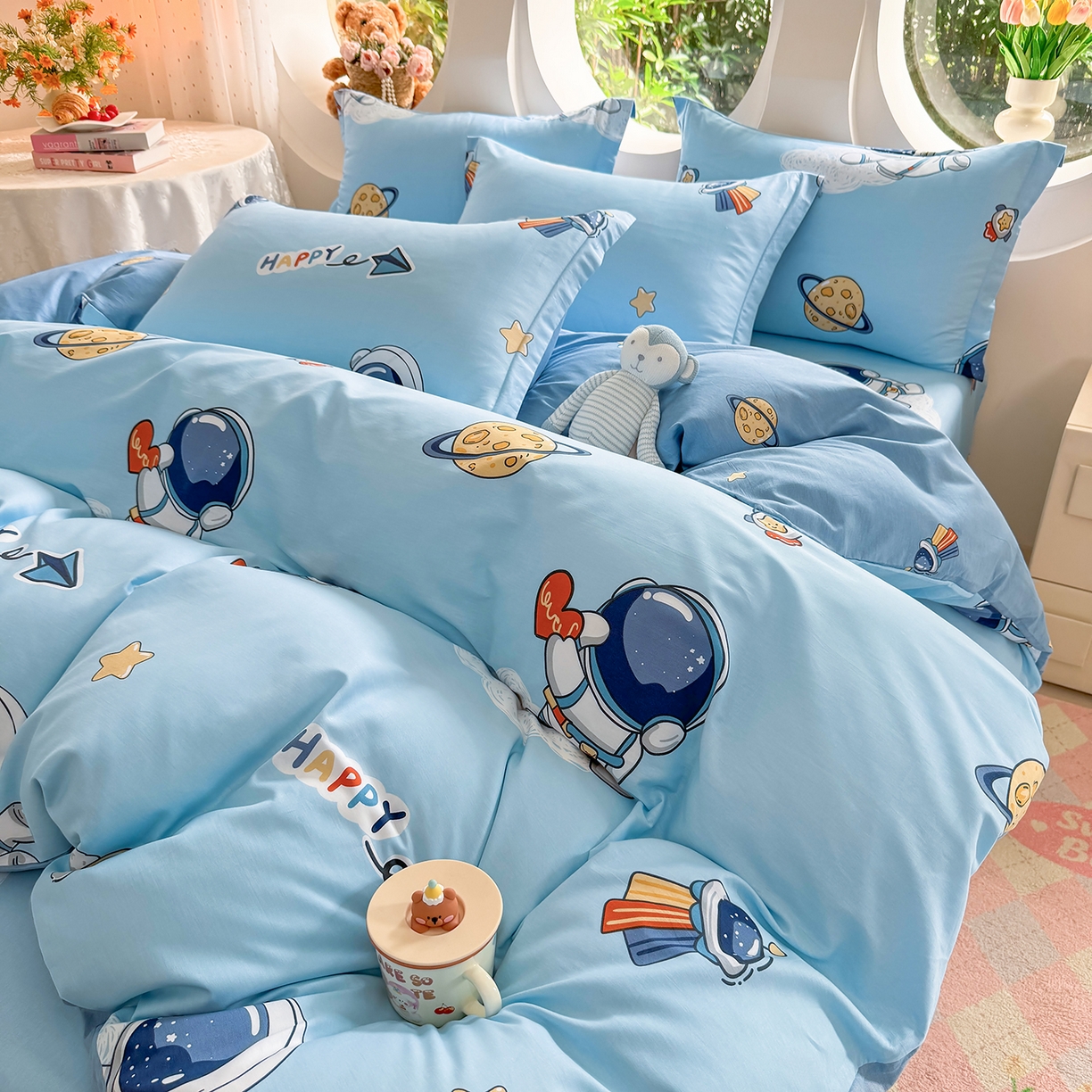 91家纺网 家纺一手货源 找家纺 壹贝家纺 2026新款小清新纯棉印花四件套系列 太空奇遇