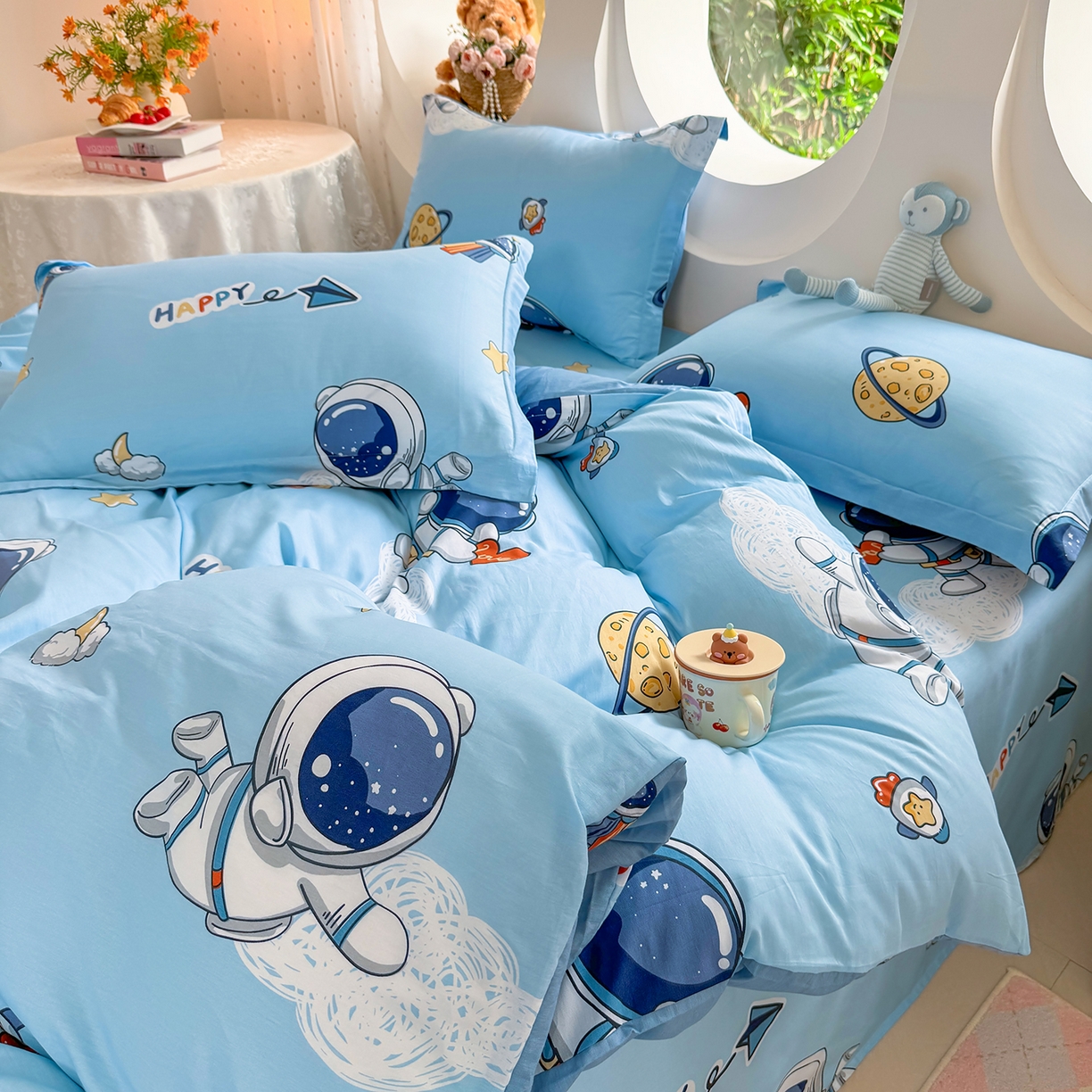 91家纺网 家纺一手货源 找家纺 壹贝家纺 2026新款小清新纯棉印花四件套系列 太空奇遇