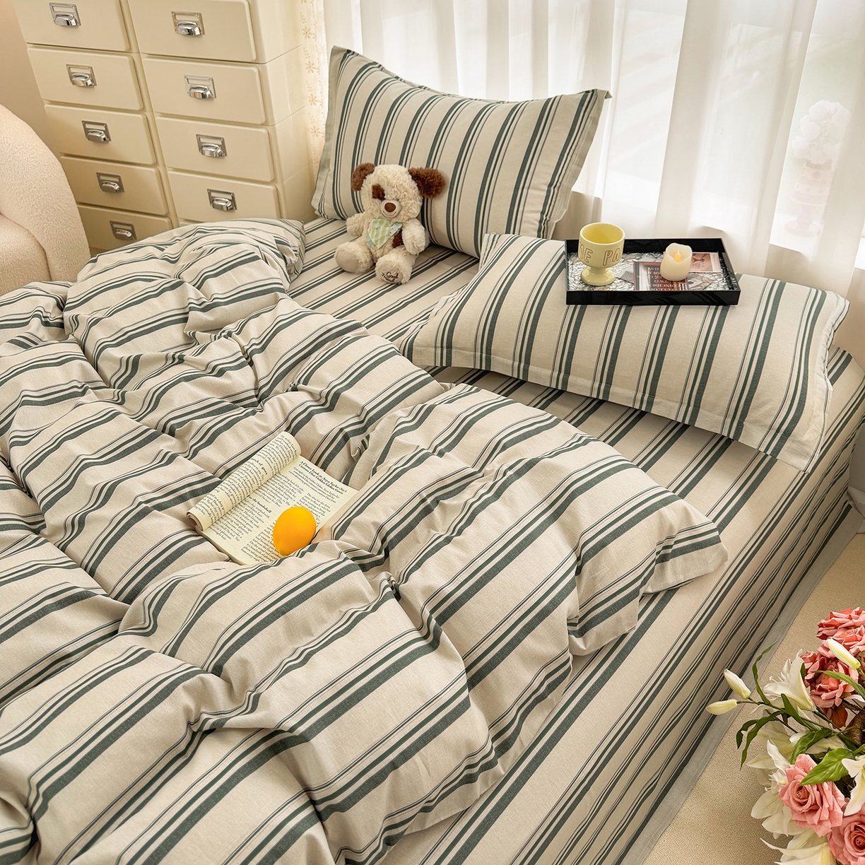 91家纺网 家纺一手货源 找家纺 壹贝家纺 2026新款小清新纯棉印花四件套系列 条纹