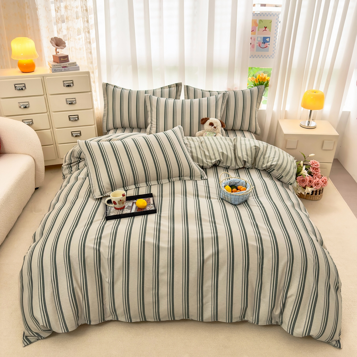 91家纺网 家纺一手货源 找家纺 壹贝家纺 2026新款小清新纯棉印花四件套系列 条纹