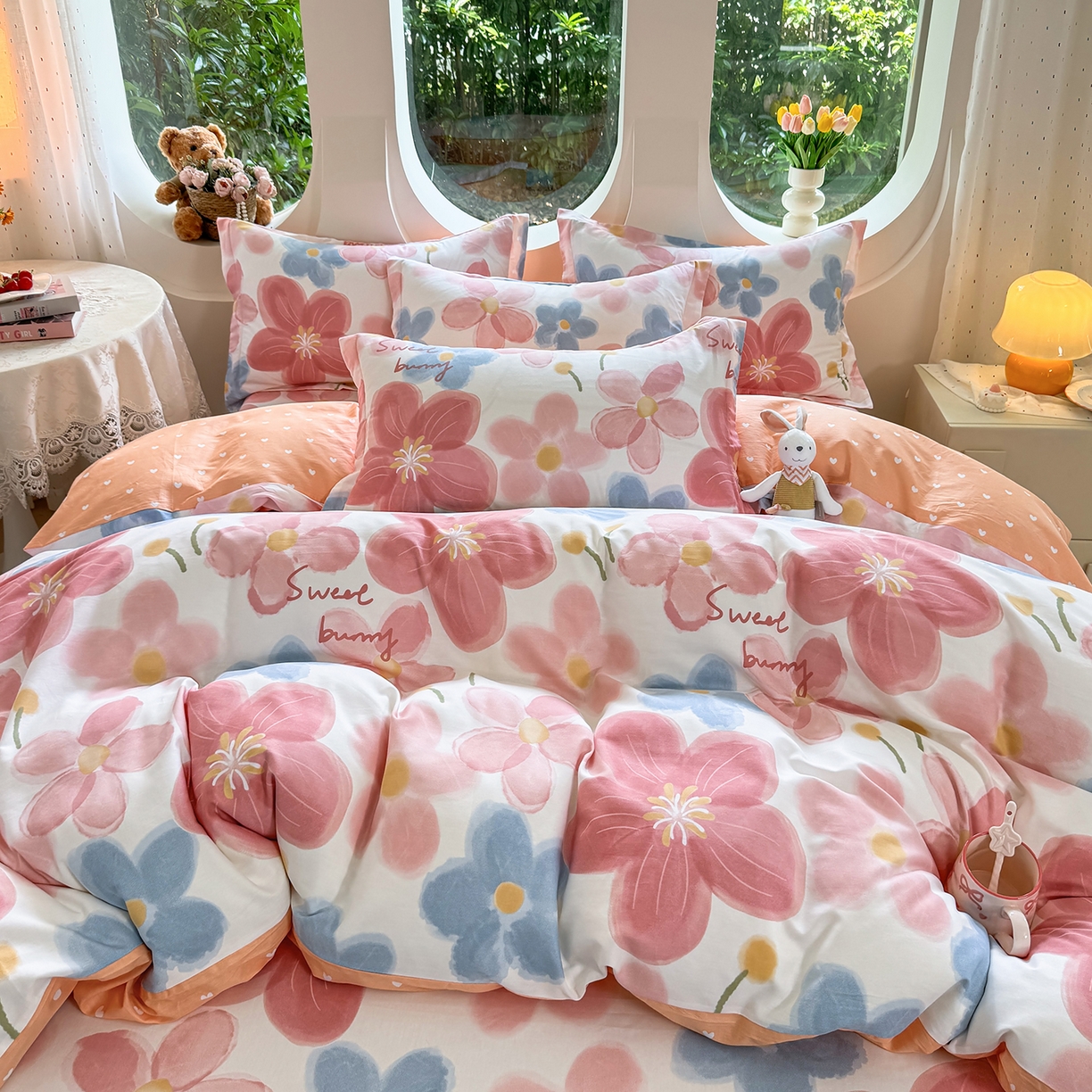 91家纺网 家纺一手货源 找家纺 壹贝家纺 2026新款小清新纯棉印花四件套系列 夕颜花开