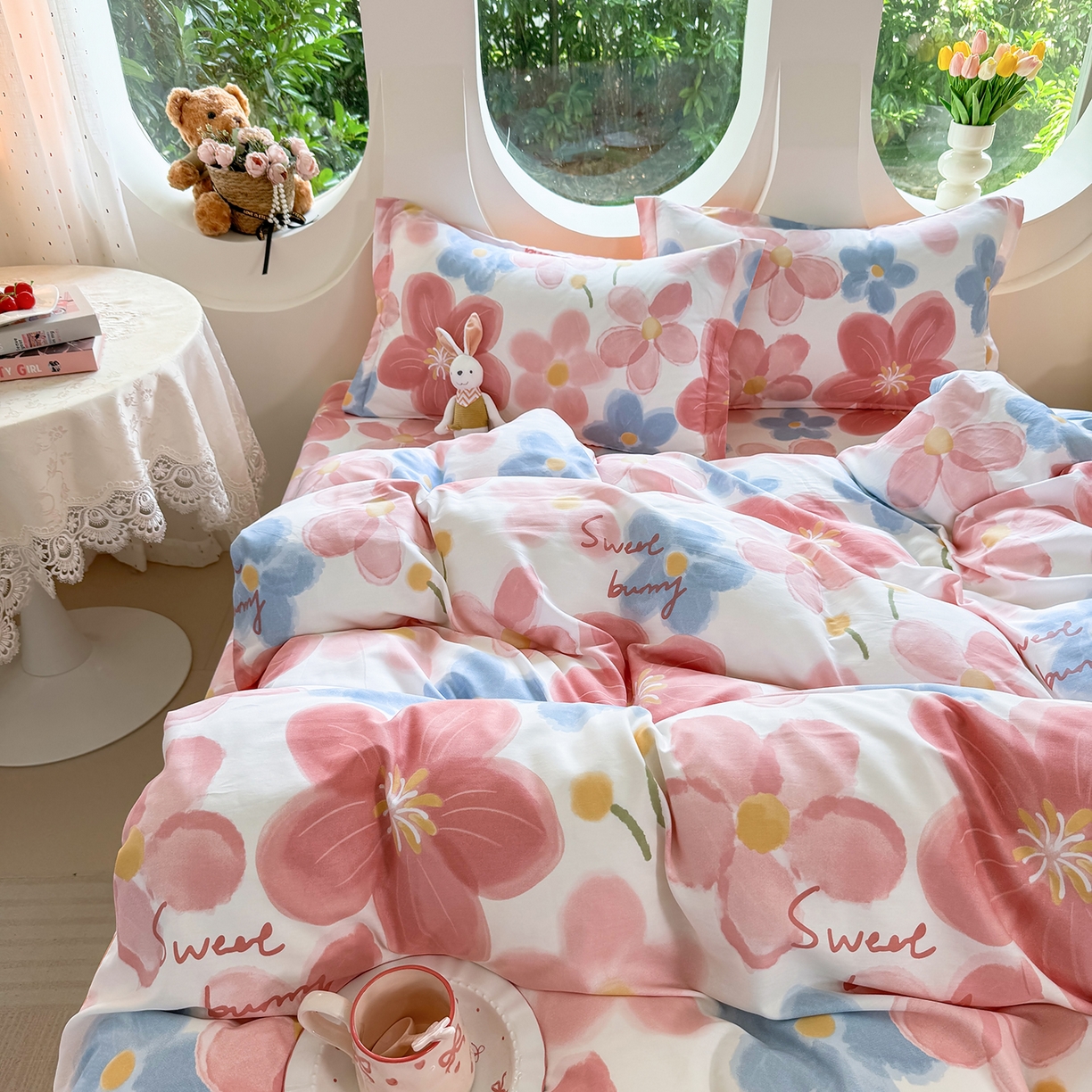 91家纺网 家纺一手货源 找家纺 壹贝家纺 2026新款小清新纯棉印花四件套系列 夕颜花开