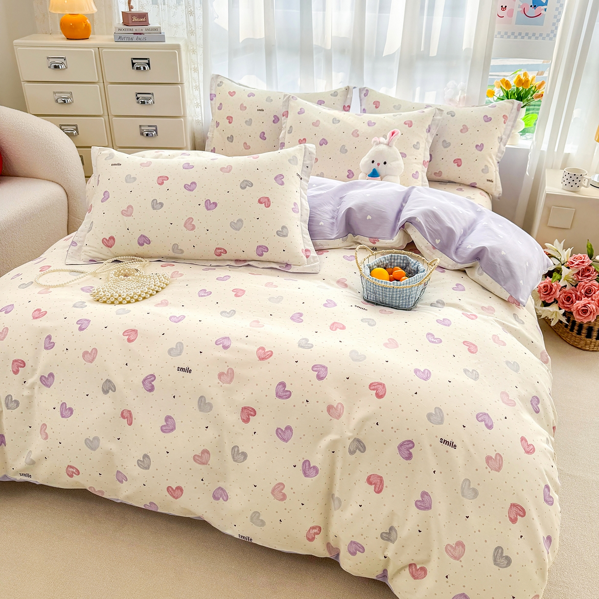 91家纺网 家纺一手货源 找家纺 壹贝家纺 2026新款小清新纯棉印花四件套系列 心相印