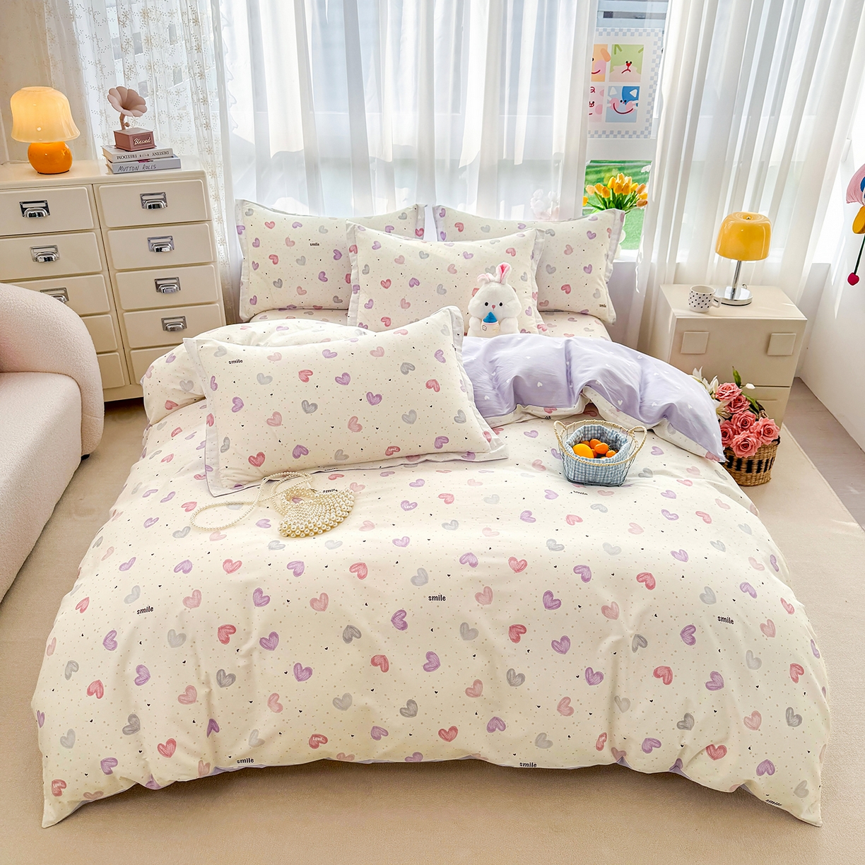 91家纺网 家纺一手货源 找家纺 壹贝家纺 2026新款小清新纯棉印花四件套系列 心相印