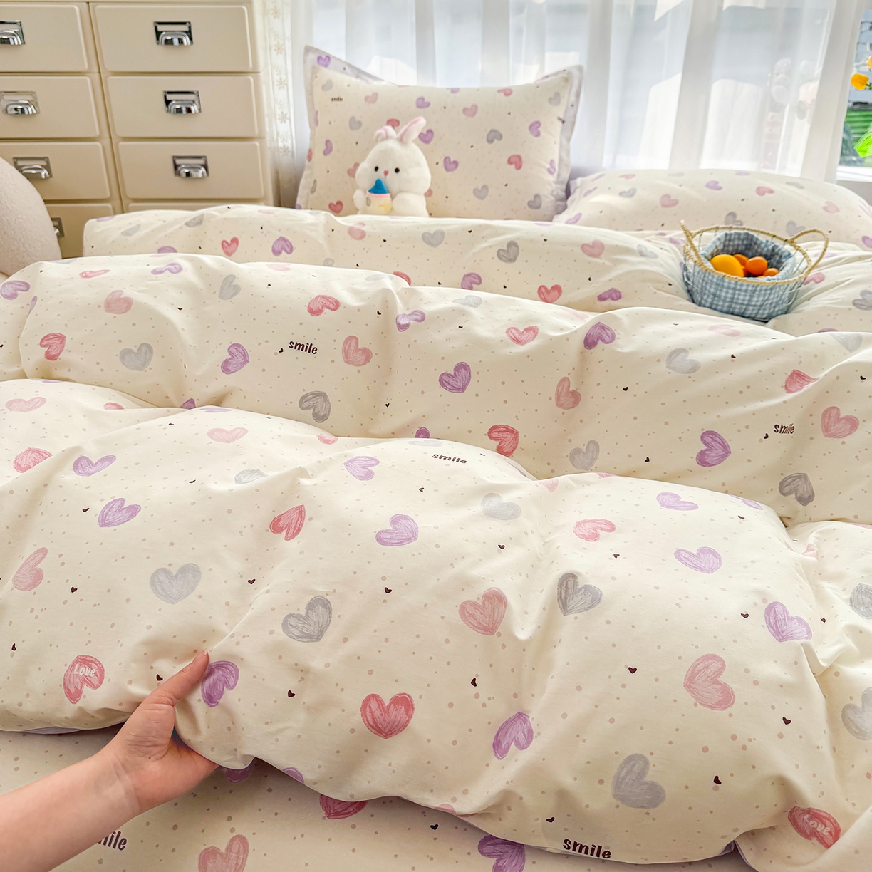 91家纺网 家纺一手货源 找家纺 壹贝家纺 2026新款小清新纯棉印花四件套系列 心相印