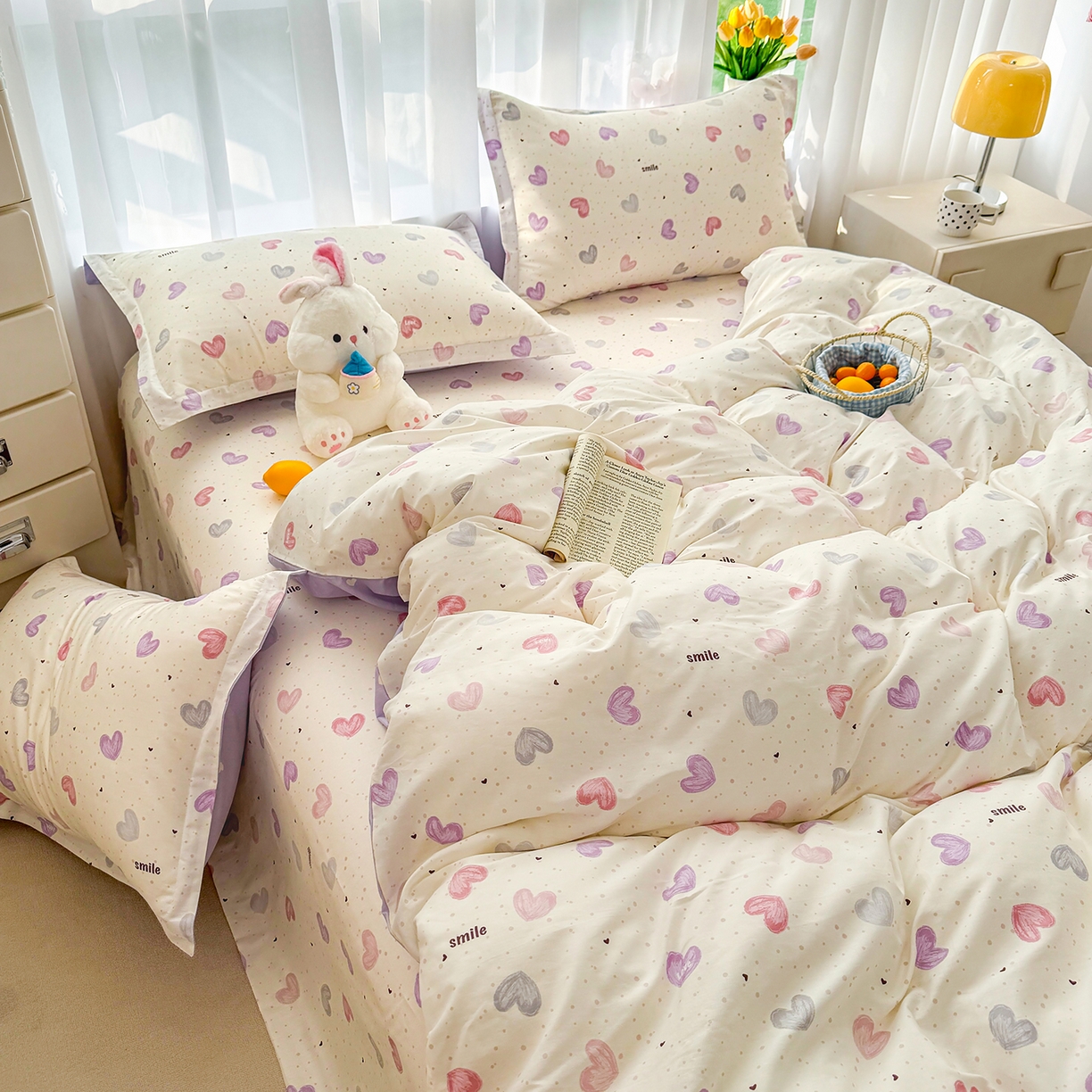 91家纺网 家纺一手货源 找家纺 壹贝家纺 2026新款小清新纯棉印花四件套系列 心相印