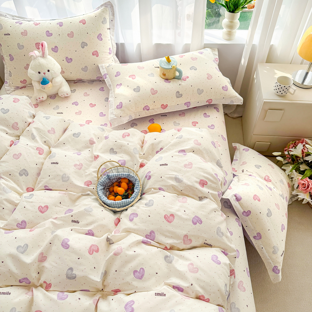 91家纺网 家纺一手货源 找家纺 壹贝家纺 2026新款小清新纯棉印花四件套系列 心相印