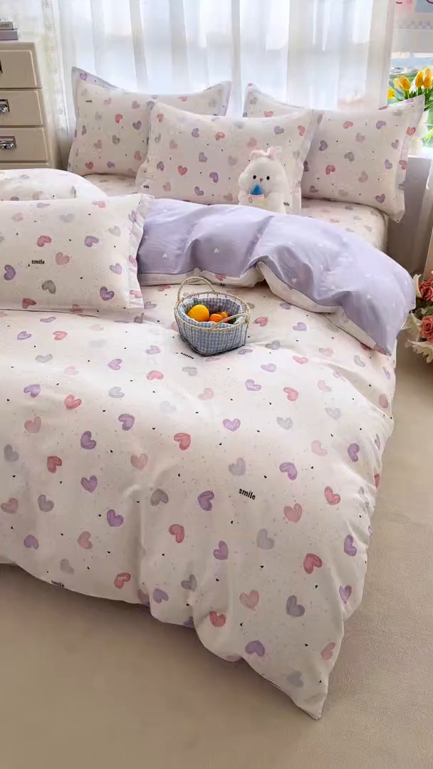 91家纺网 家纺一手货源 找家纺 壹贝家纺 2026新款小清新纯棉印花四件套系列 心相印