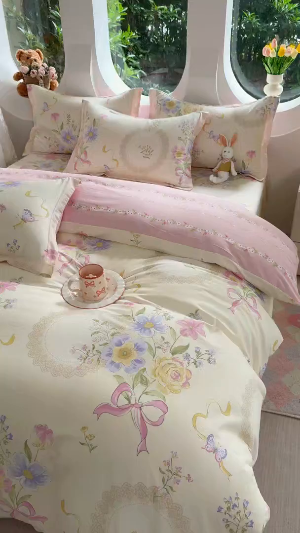 91家纺网 家纺一手货源 找家纺 壹贝家纺 2026新款小清新纯棉印花四件套系列 新恰如初