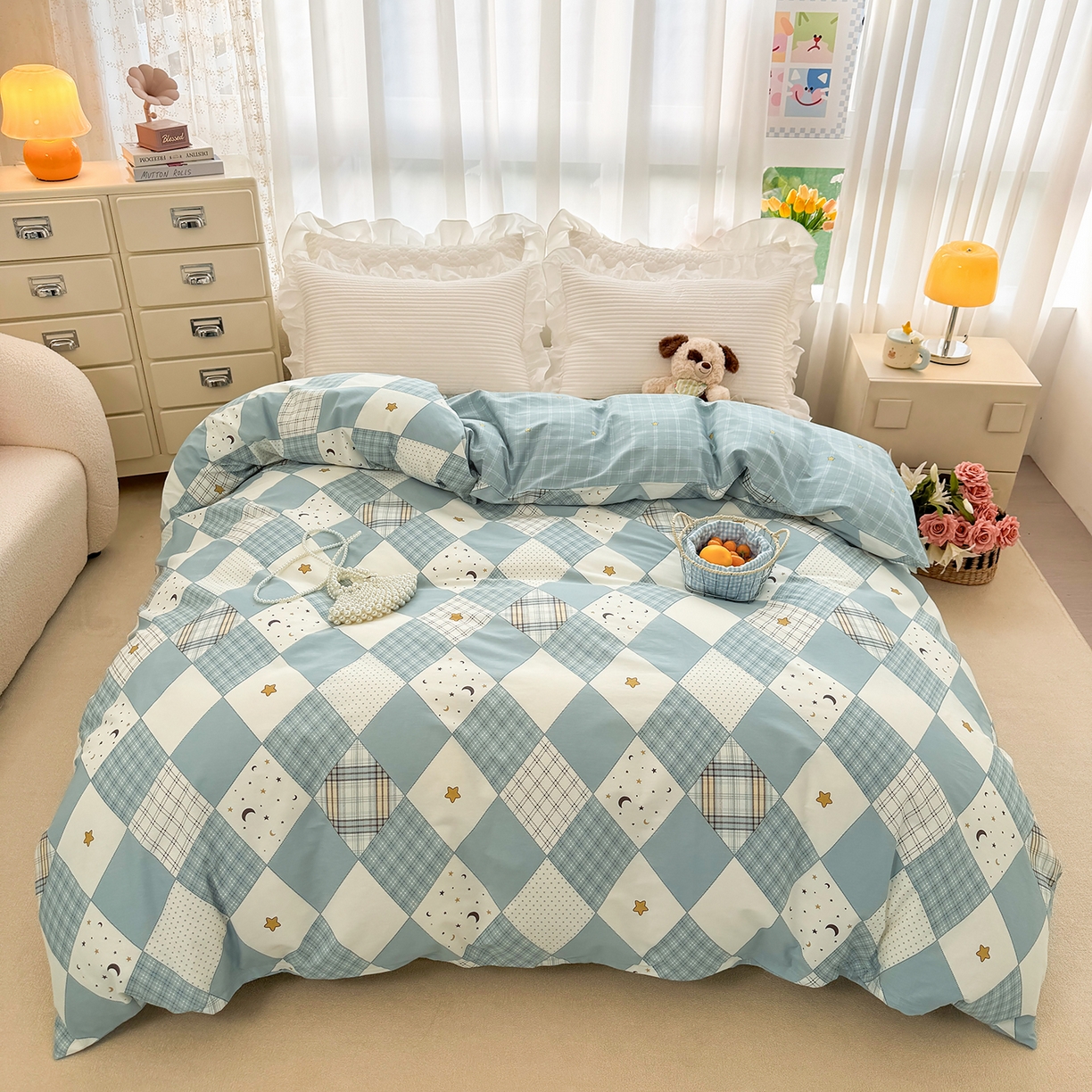 91家纺网 家纺一手货源 找家纺 壹贝家纺 2026新款小清新纯棉印花四件套系列 星空