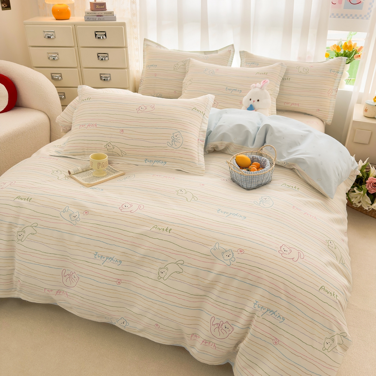 91家纺网 家纺一手货源 找家纺 壹贝家纺 2026新款小清新纯棉印花四件套系列 招财猫