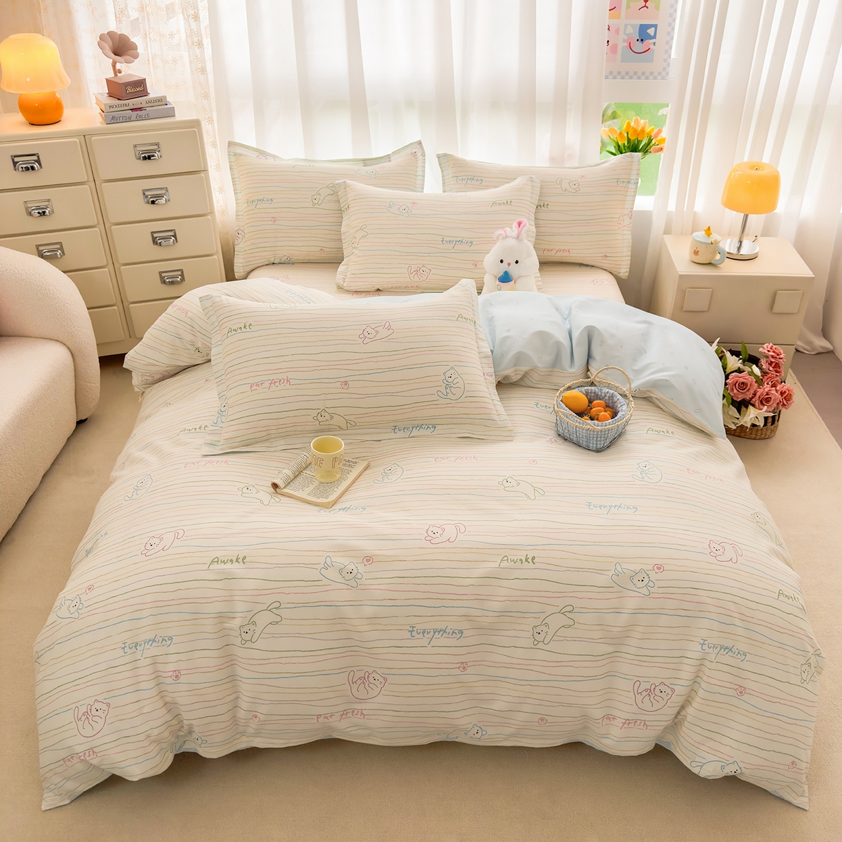 91家纺网 家纺一手货源 找家纺 壹贝家纺 2026新款小清新纯棉印花四件套系列 招财猫