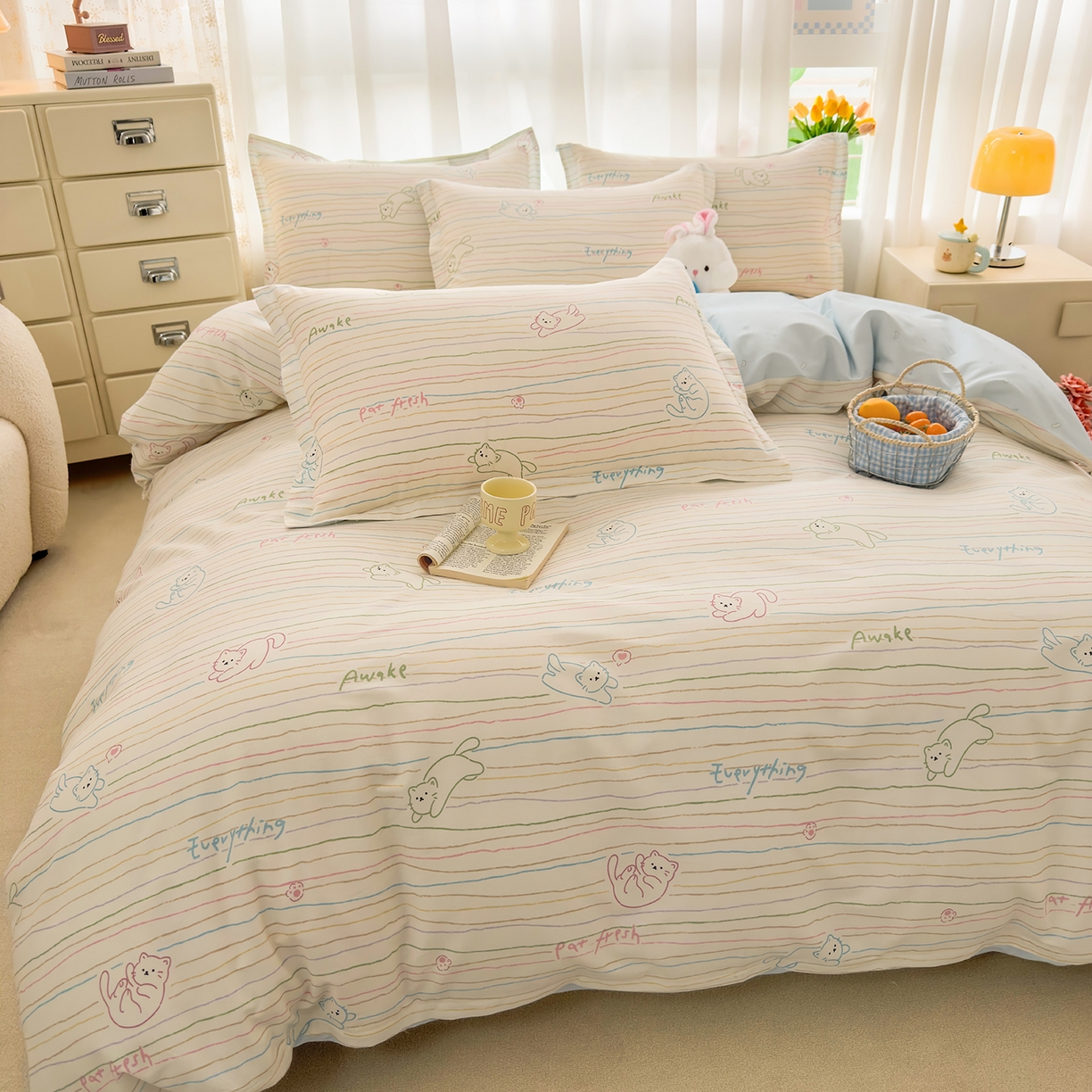 91家纺网 家纺一手货源 找家纺 壹贝家纺 2026新款小清新纯棉印花四件套系列 招财猫