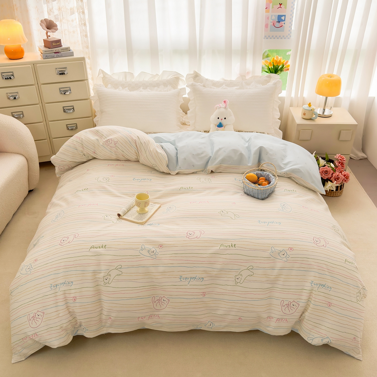 91家纺网 家纺一手货源 找家纺 壹贝家纺 2026新款小清新纯棉印花四件套系列 招财猫