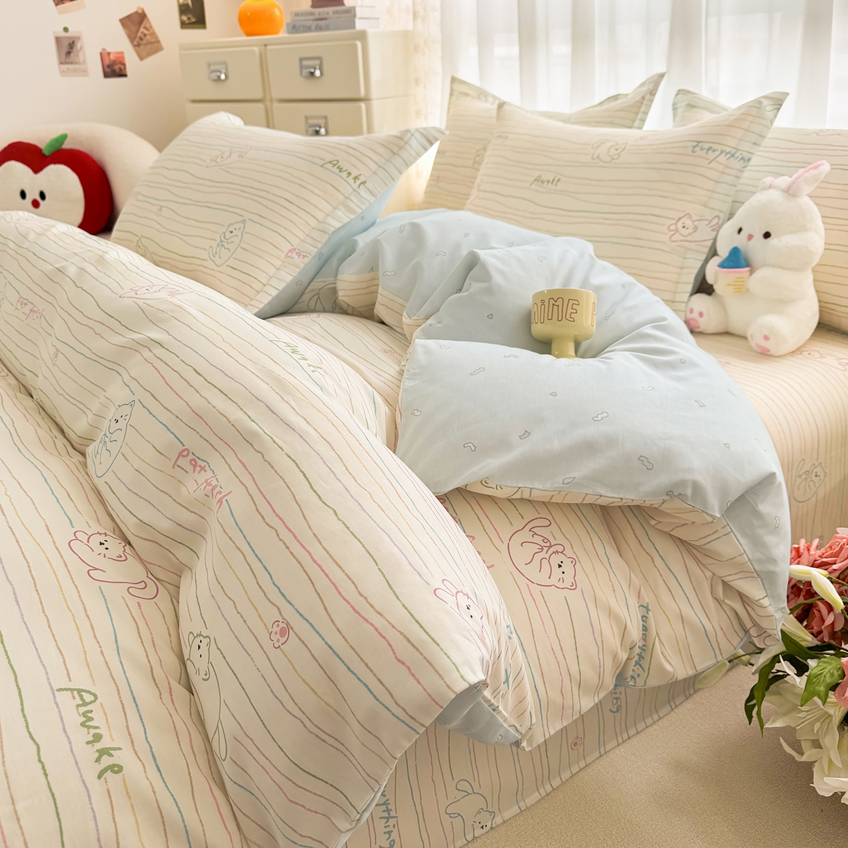 91家纺网 家纺一手货源 找家纺 壹贝家纺 2026新款小清新纯棉印花四件套系列 招财猫