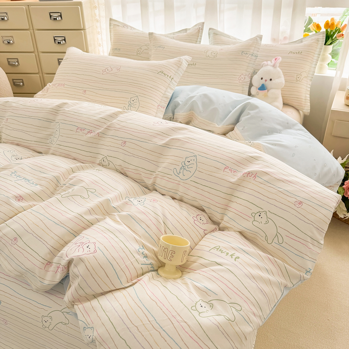 91家纺网 家纺一手货源 找家纺 壹贝家纺 2026新款小清新纯棉印花四件套系列 招财猫