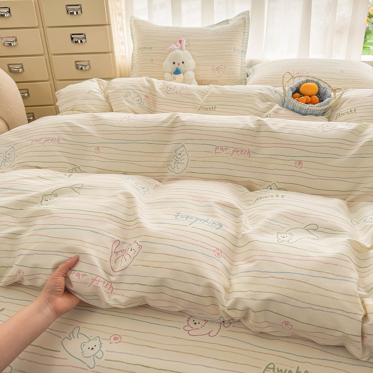 91家纺网 家纺一手货源 找家纺 壹贝家纺 2026新款小清新纯棉印花四件套系列 招财猫