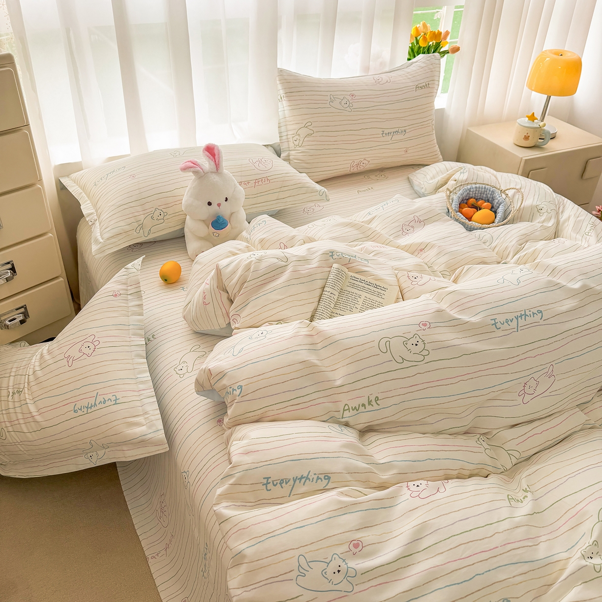 91家纺网 家纺一手货源 找家纺 壹贝家纺 2026新款小清新纯棉印花四件套系列 招财猫