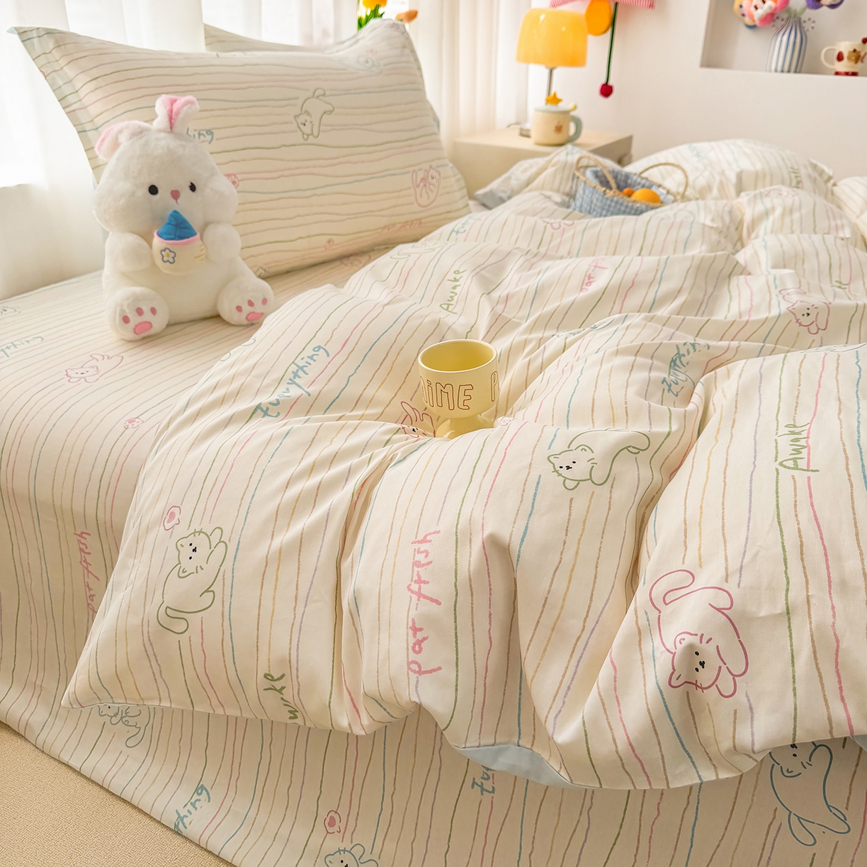 91家纺网 家纺一手货源 找家纺 壹贝家纺 2026新款小清新纯棉印花四件套系列 招财猫