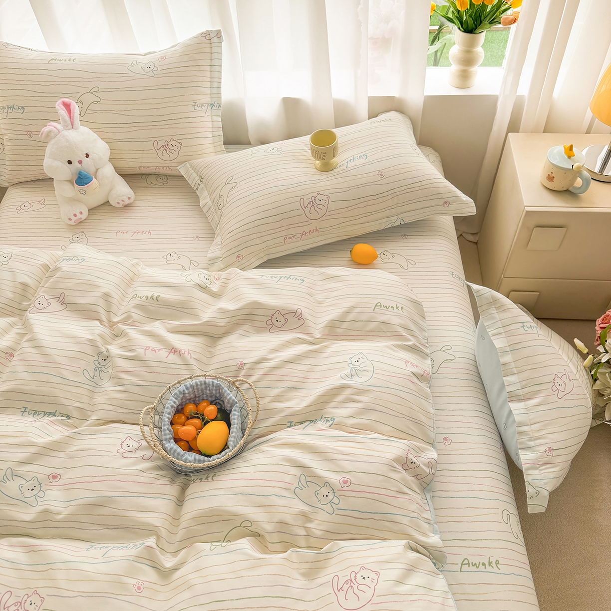 91家纺网 家纺一手货源 找家纺 壹贝家纺 2026新款小清新纯棉印花四件套系列 招财猫