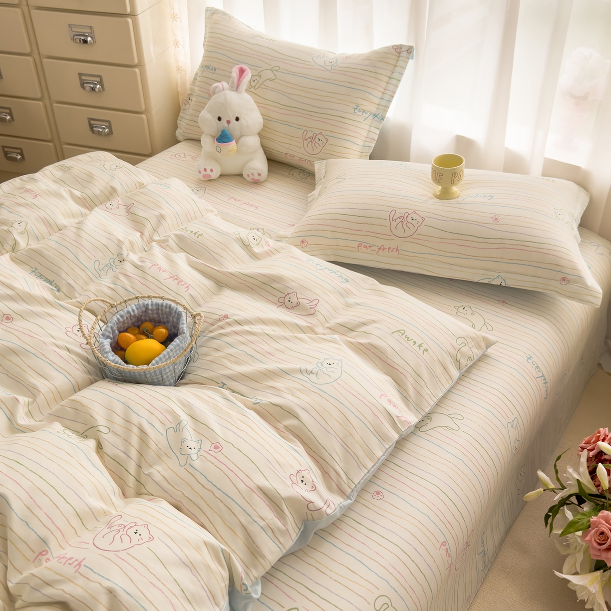 91家纺网 家纺一手货源 找家纺 壹贝家纺 2026新款小清新纯棉印花四件套系列 招财猫