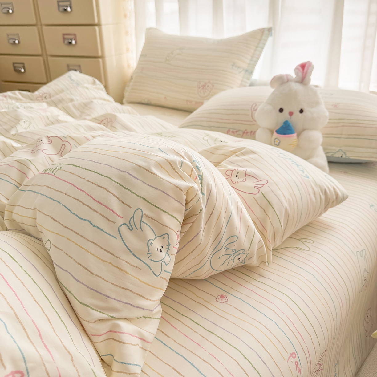 91家纺网 家纺一手货源 找家纺 壹贝家纺 2026新款小清新纯棉印花四件套系列 招财猫