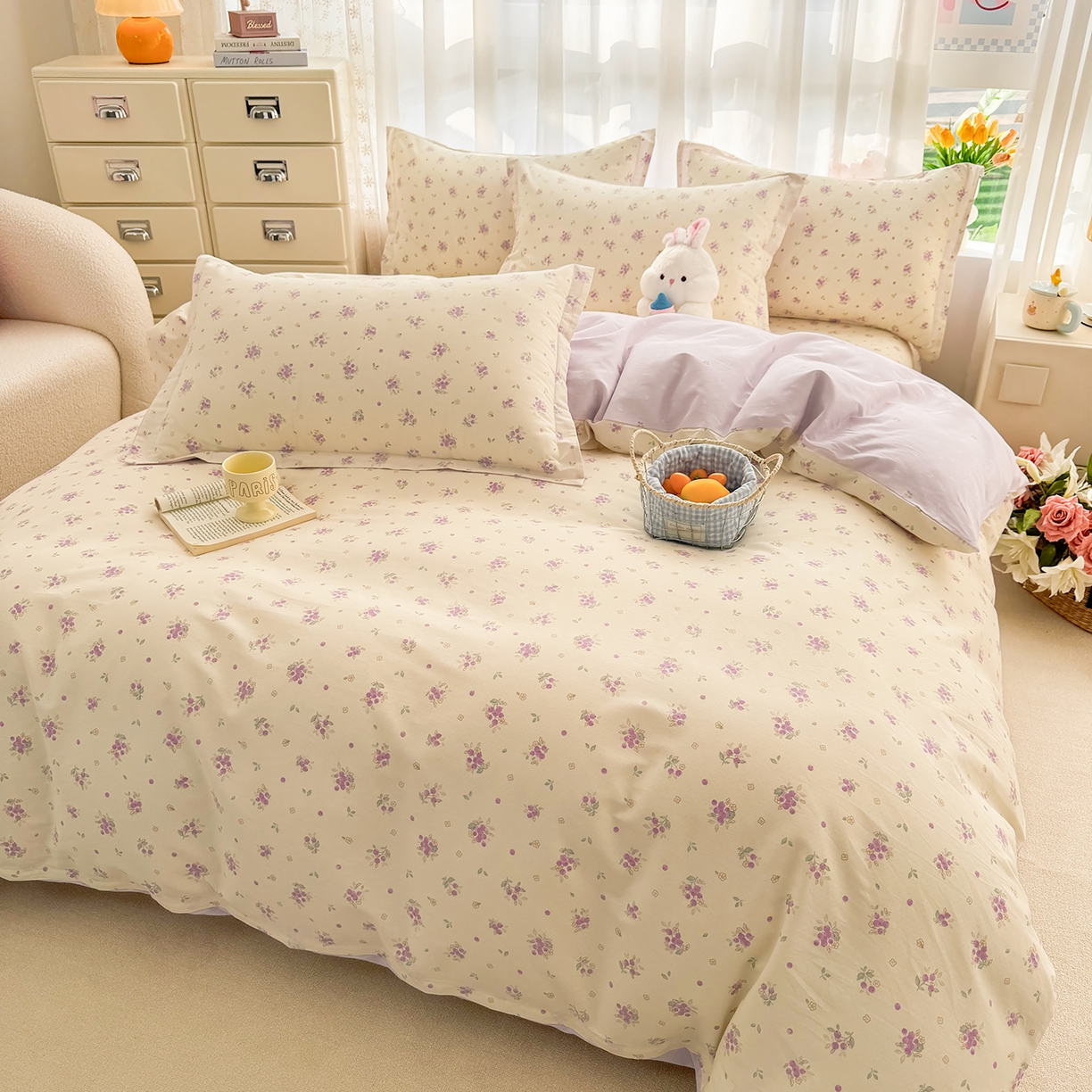 91家纺网 家纺一手货源 找家纺 壹贝家纺 2026新款小清新纯棉印花四件套系列 紫汀兰