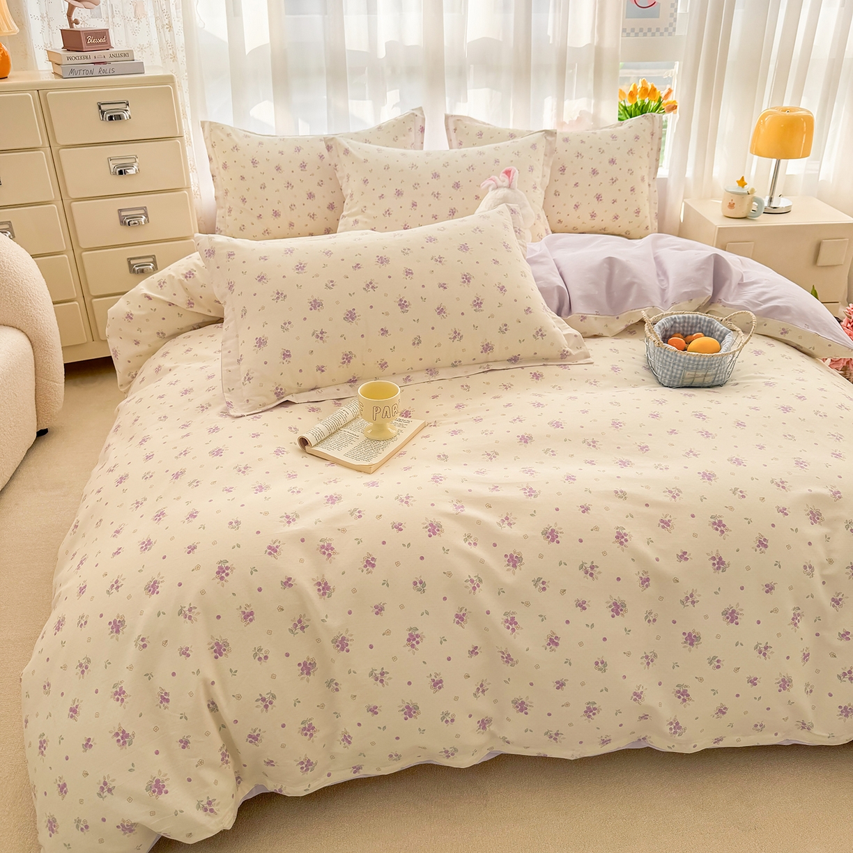 91家纺网 家纺一手货源 找家纺 壹贝家纺 2026新款小清新纯棉印花四件套系列 紫汀兰