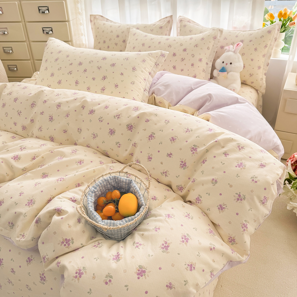 91家纺网 家纺一手货源 找家纺 壹贝家纺 2026新款小清新纯棉印花四件套系列 紫汀兰