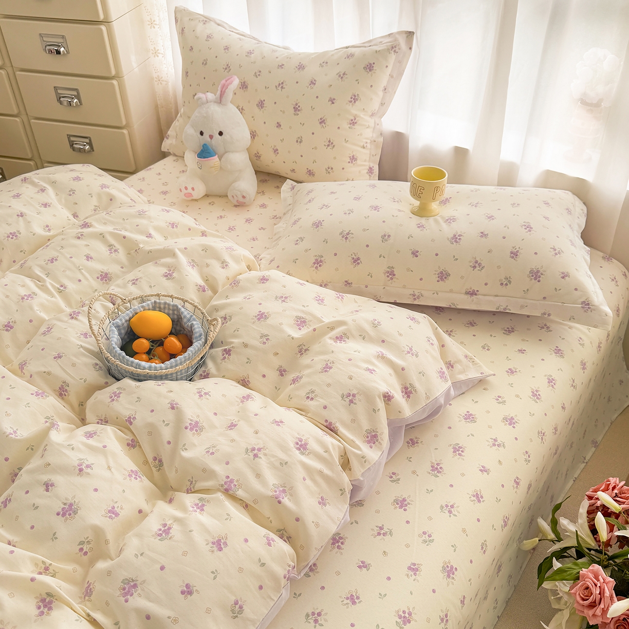 91家纺网 家纺一手货源 找家纺 壹贝家纺 2026新款小清新纯棉印花四件套系列 紫汀兰