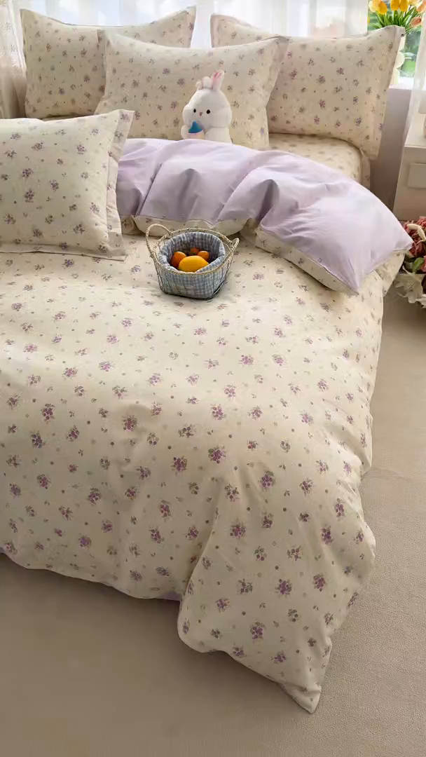 91家纺网 家纺一手货源 找家纺 壹贝家纺 2026新款小清新纯棉印花四件套系列 紫汀兰