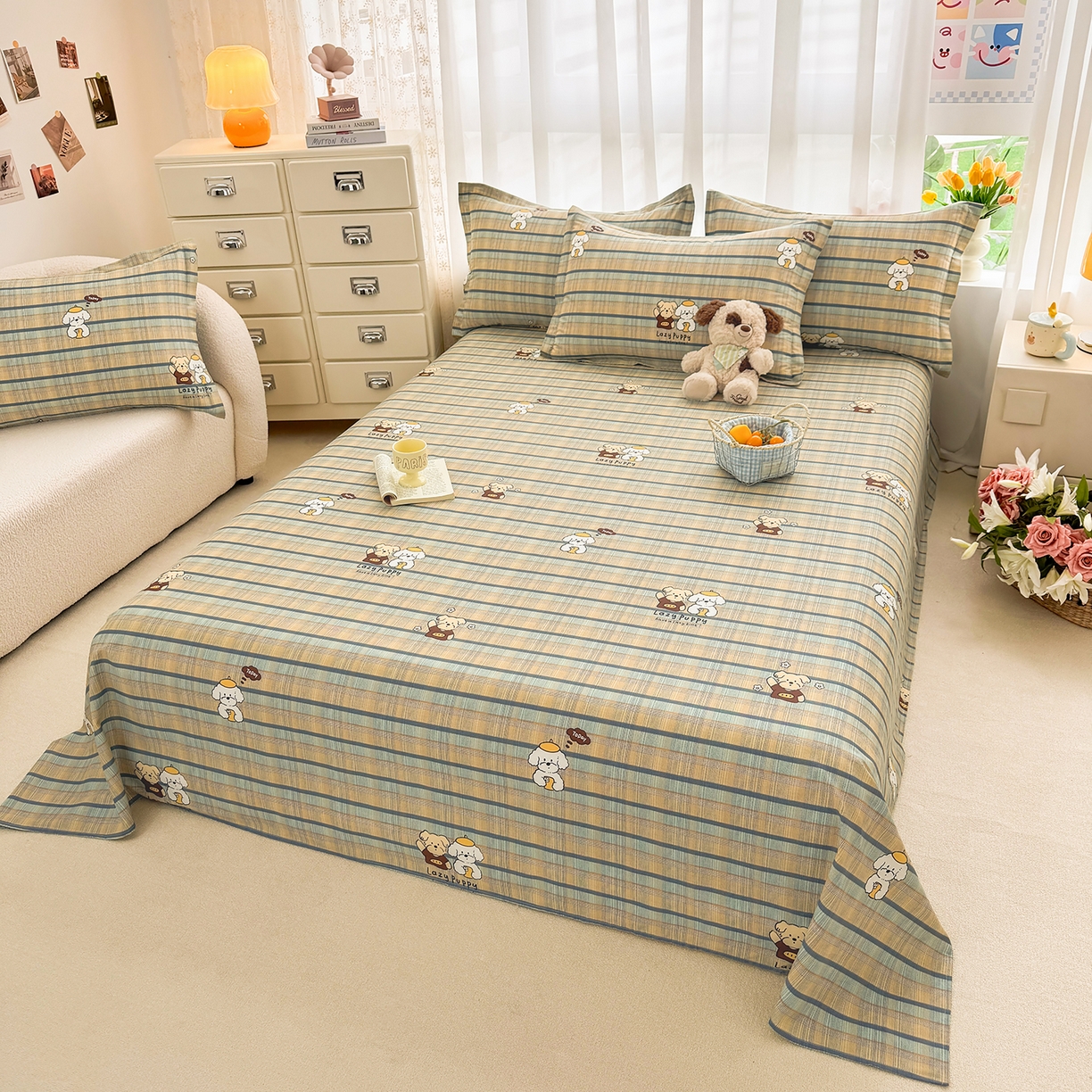 91家纺网 家纺一手货源 找家纺 壹贝家纺 2026新款小清新纯棉印花四件套系列 自拍小狗